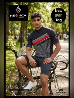 NWT NEENCA Sz Large Men Pro Cycling Jersey Navy/Red Full Zip Three Deep Pockets
